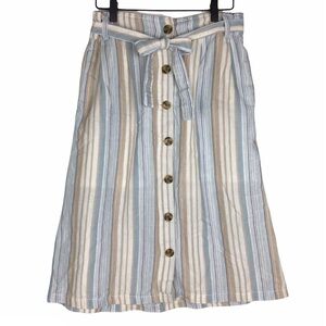 DASH Linen Blend Skirt Stripe Print Button Tie Waist Minimalist Modest Small